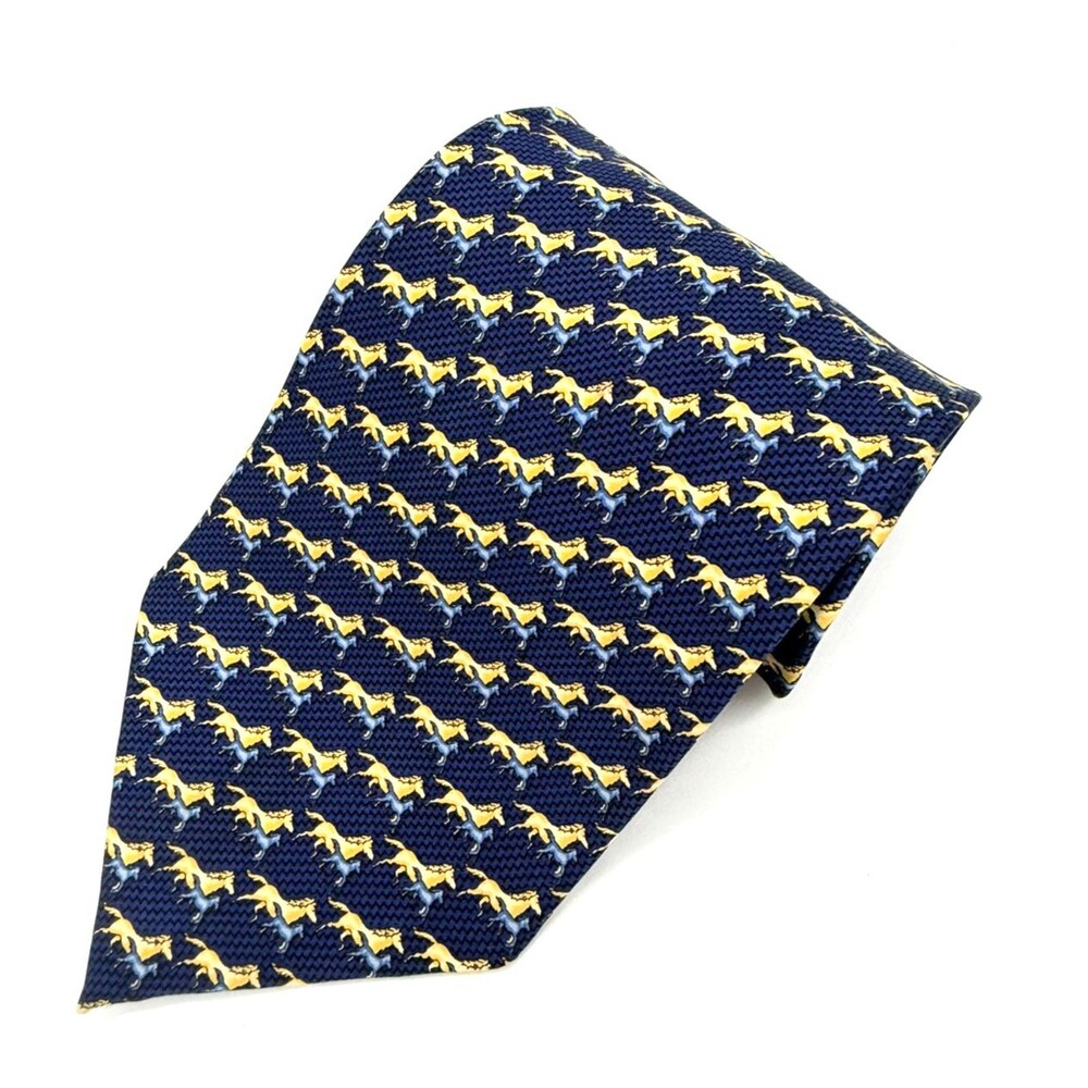 Vintage Tailors Row Finery Silk Tie Navy Blue Yellow Equestrian Galloping Horses